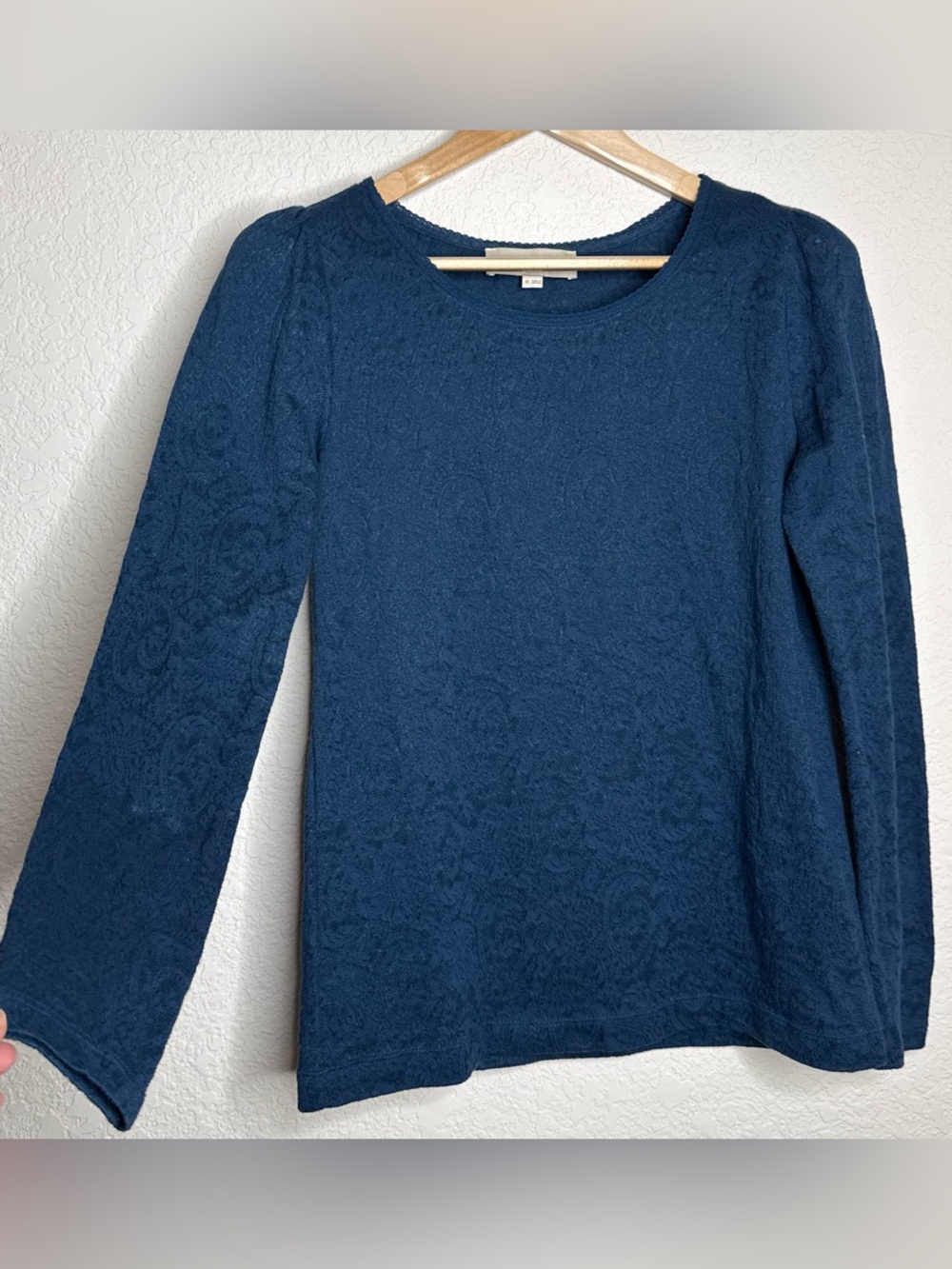 LOFT Navy Sheer Lace Long Sleeve Top Lace Trim Neckline Size M Feminine Boho